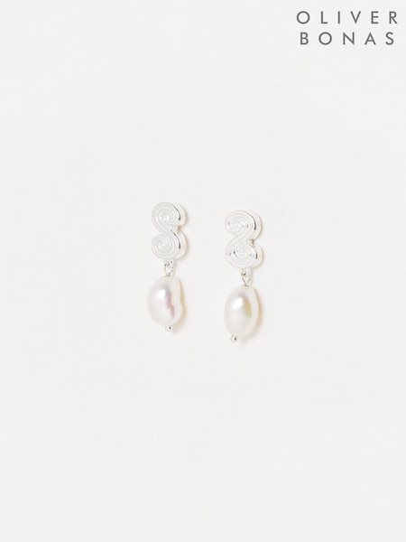 Oliver Bonas Silver Tone Clodagh Swirl Pearl Drop Earrings (H58573) | £48
