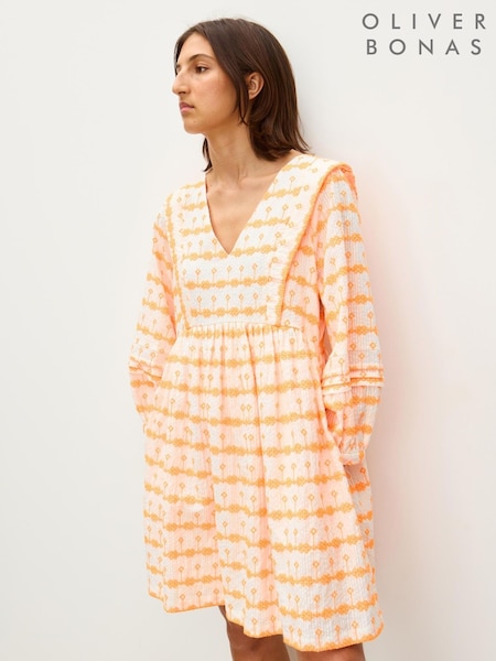 Oliver Bonas Orange Embroidered Seersucker Mini Dress (H58590) | £80