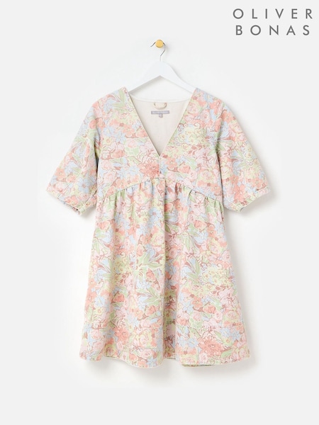 Oliver Bonas Pink Light Blue Denim Floral Print V-Neck Mini Dress (H58598) | £80
