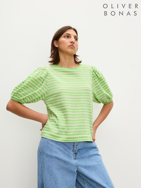 Oliver Bonas Green Striped Puff Sleeve T-Shirt (H58607) | £38
