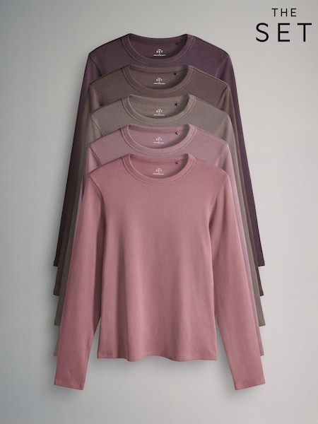 The Set Purple/Light Purple/Pink/Brown/Stripe/Brown Ribbed Long Sleeve T-Shirts 5 Pack (H58628) | £28