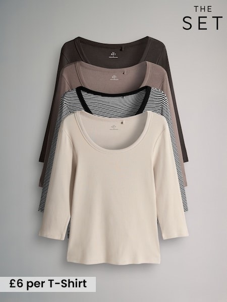 The Set Black/Stripe/Grey/White 4 Pack Scoop Neck 3/4 Sleeve Ribbed T-Shirts (H58631) | £24