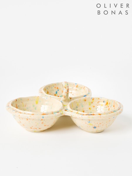 Oliver Bonas Cream Tami Splatter Ceramic Triple Dip Bowl (H58779) | £30