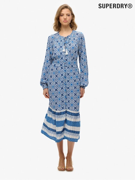 Superdry Blue Printed Long Sleeve Midi Dress (H58941) | £70