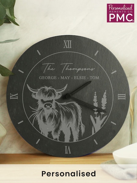 Personalised Highland Cow Slate Clock by PMC (H59004) | £25