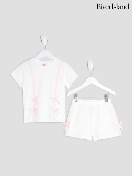 River Island Cream Girls Bow Shorts Set (H59043) | £22