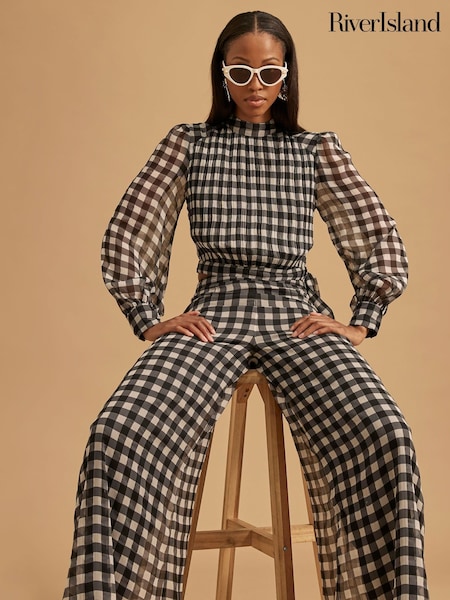 River Island Black Black Gingham Long Sleeve Crop Top (H59119) | £36