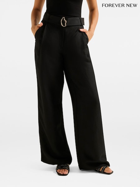 Forever New Black Alice Belted Wide Leg Trousers Contains Linen (H59144) | £60