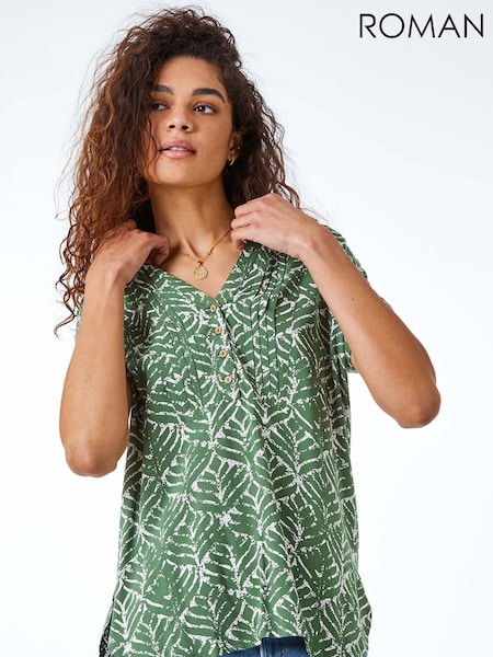 Roman Green Abstract Print Button Detail V-Neck Blouse (H59163) | £40