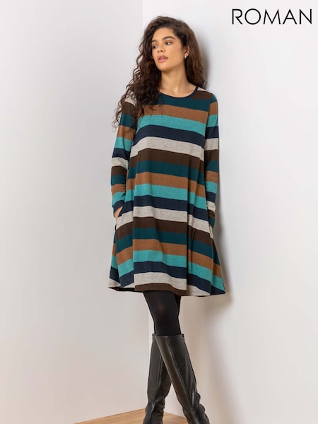 Roman Blue Stripe Print Pocket Swing Dress (H59181) | £45