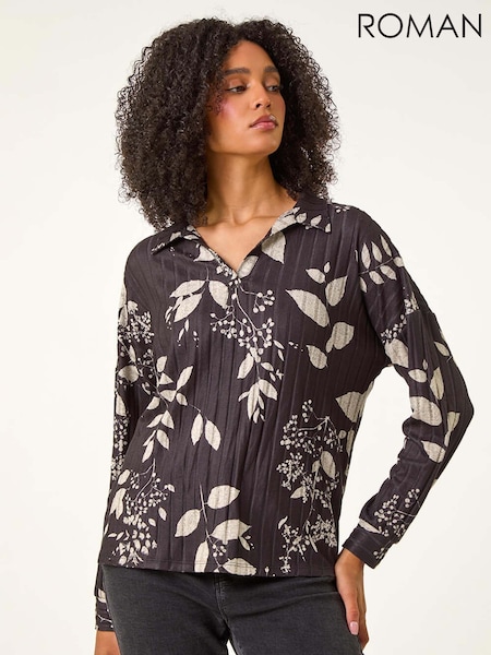 Roman Black Mono Floral Print Collared Blouse (H59182) | £42