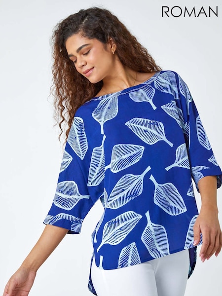 Roman Blue Relaxed Leaf Print Tunic Blouse (H59183) | £32