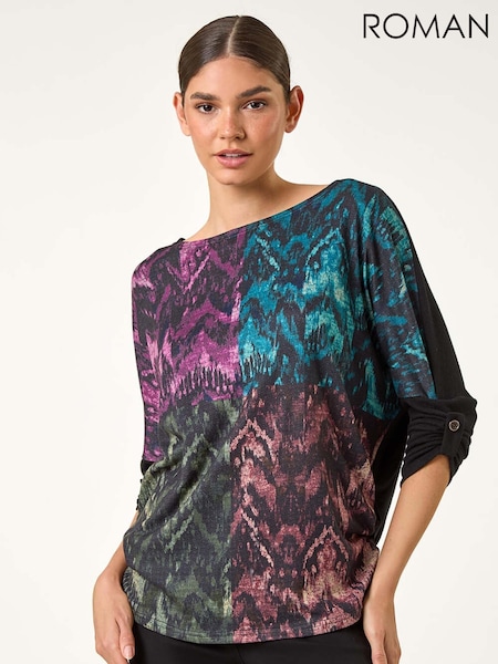 Roman Black Colour Block Print Stretch Sleeve Blouse (H59192) | £36