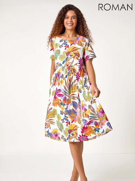 Roman Green Floral Print Cotton Midi Dress (H59194) | £55