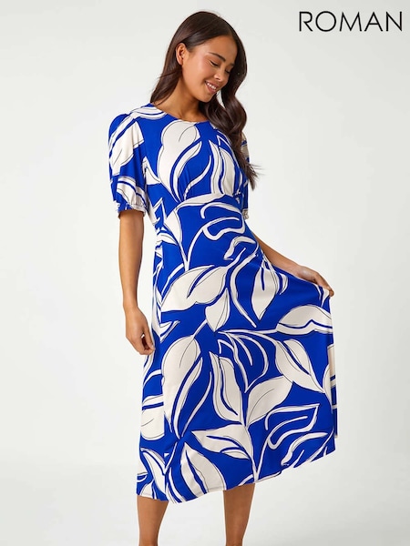 Roman Blue Petite Leaf Stretch Midi Dress (H59215) | £40