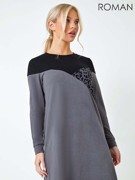 Roman Grey Petite Stretch Animal Print Colour Block Knit Dress (H59218) | £36