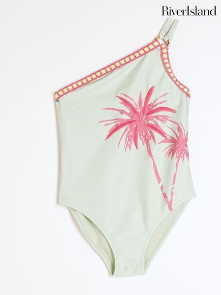River Island Green Palm Placed Asymmetric Swimsuit (H59253) | £18