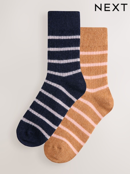 Navy/Ochre Stripe Ankle Socks 2 Pack with Containing Merino Wool (H59332) | £14