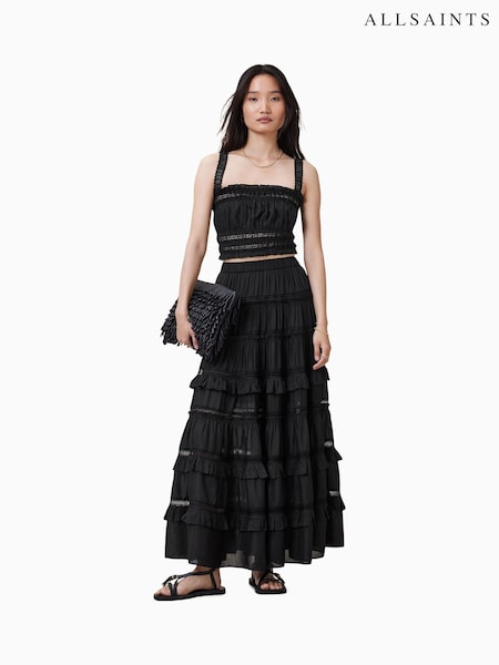 AllSaints Black Talia Tiered Maxi Skirt (H59424) | £179