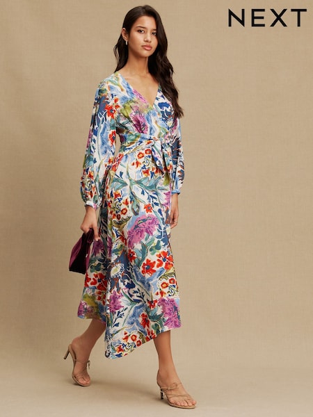 Blue/Green Floral Print V-Neck Tie Waist Long Sleeve Midi Dress (H59722) | £40