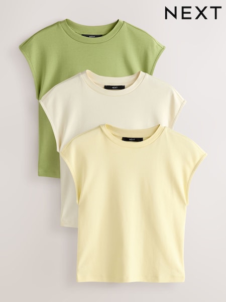 Butter Yellow/Ecru/Olive Green Capped Sleeve Fitted Crew Neck T-Shirts 3 Pack (H59761) | £0