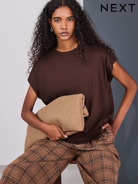 Chocolate Brown Cotton Modal Cap Sleeve TENCEL™ Modal Blend T-Shirt (H59765) | £11
