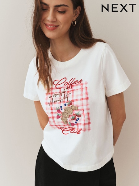 Ecru Embellished Coffee Club Short Sleeve Top (H59827) | £26