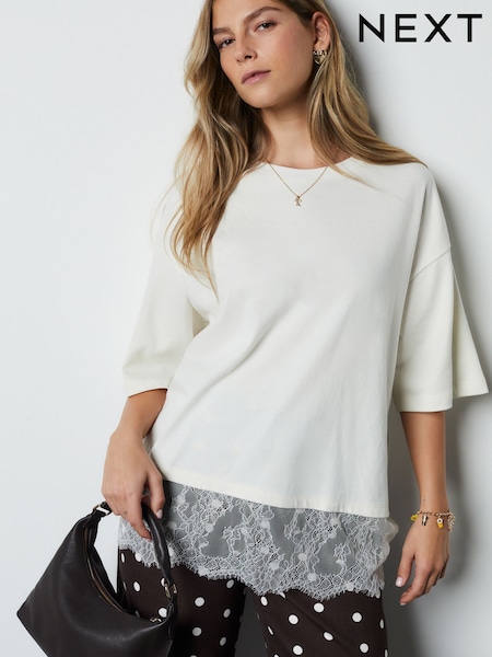 Ecru Short Sleeve Lace Hem T-Shirt (H59842) | £25