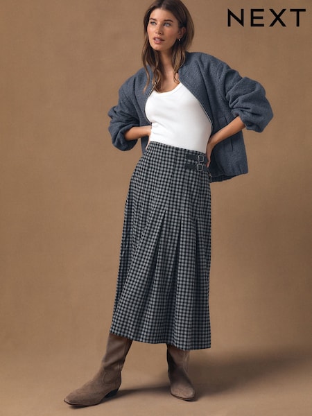 Black/Grey Gingham Midi Kilt Skirt (H59886) | £40