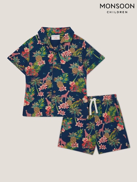 Monsoon Blue Tropical Print Shirt and Shorts Set (H59904) | £36 - £40