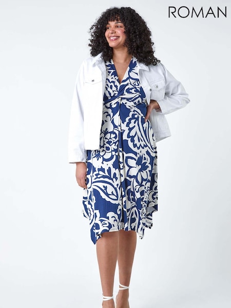 Roman Blue Curve Floral Print Twist Front Dress (H59925) | £55