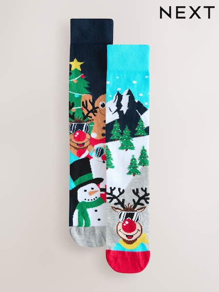Blue/Green Scenic Reindeer Christmas Pattern Socks 2 Pack (H60039) | £8