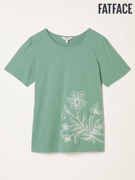 FatFace Freya Mid Green Floral Embroidered T Shirt (H60054) | £32