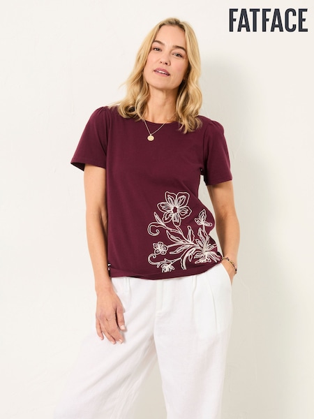 FatFace Freya Plum Purple Floral Embroidered T Shirt (H60070) | £32