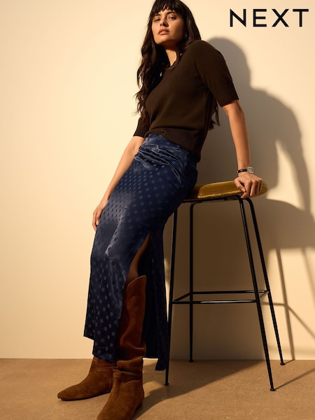 Navy Jacquard Polka Dot Satin Skirt (H60118) | £40