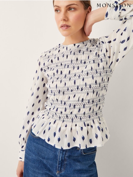 Monsoon Natural Molly Spot Smocked Top (H60135) | £55