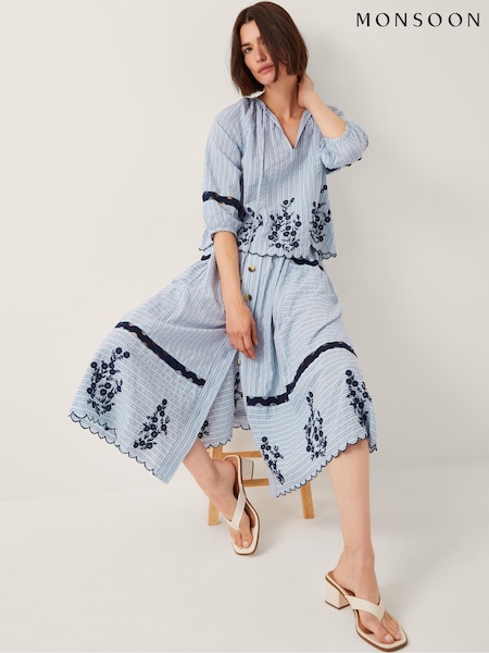 Monsoon Blue Cara Embroidered Stripe Midi Skirt (H60141) | £75