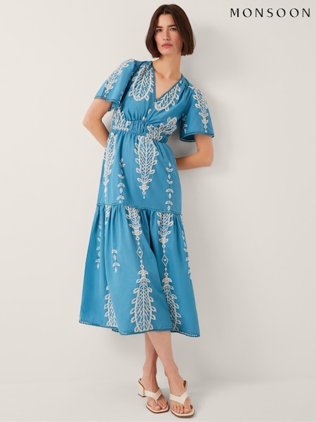 Monsoon Blue Noa Short Sleeve Embroidered Midi Dress (H60143) | £90