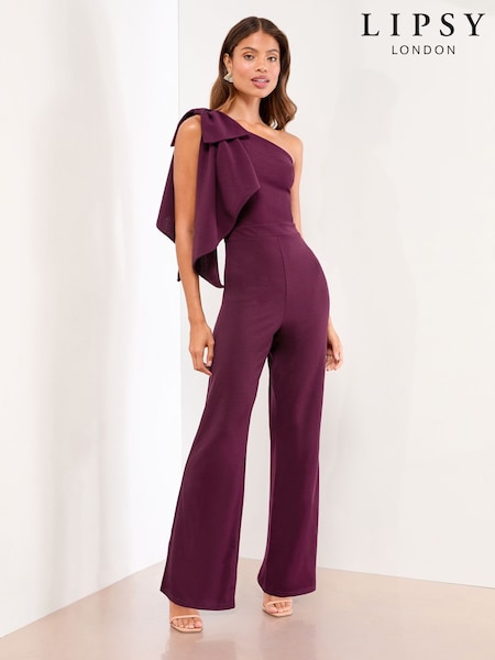 Lipsy Wine One Shoulder Bow Jumpsuit (H60157) | £78