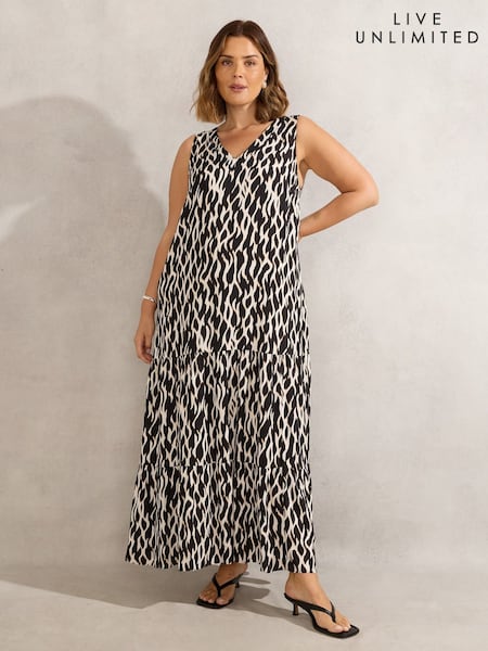 Live Unlimited Black Mono Print V-Neck Maxi Dress (H60208) | £89