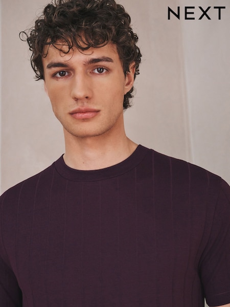 Burgundy Red Modal Cotton Ribbed Textured Smart T-Shirt (H60277) | £16