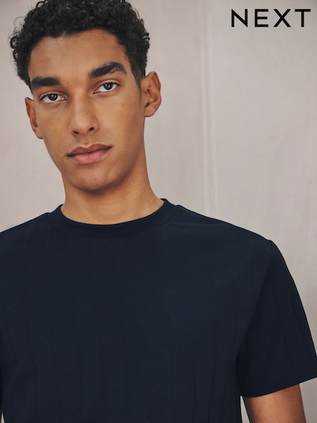 Navy Modal Cotton Ribbed Textured Smart T-Shirt (H60289) | £16