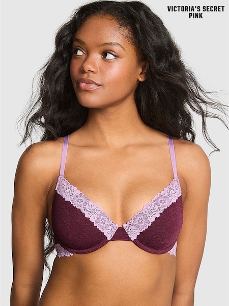 Victoria's Secret PINK Burgandy Red Lightly Lined Cotton Heather Lace Trim Bra (H60312) | £29