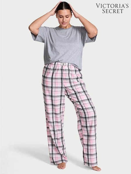 Victoria's Secret Medium Heather Grey/ Black & Pink Stripe Flannel Short Sleeve Long Pyjama Set (H60322) | £55