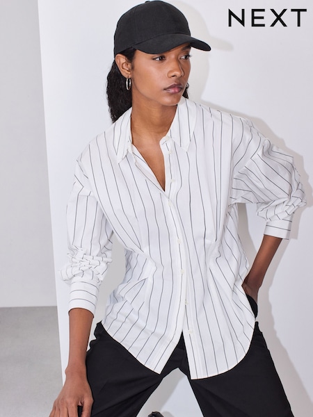 White/Black Stripe Cinched Waist Fitted Shirt (H60433) | £38