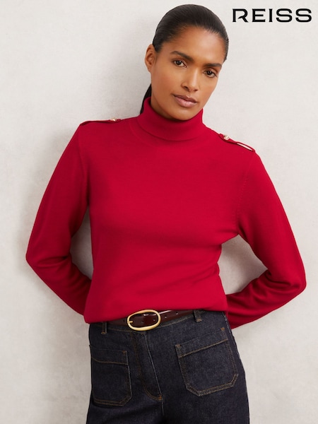 Reiss Red Corrine Wool Epaulette Roll-Neck Jumper (H60459) | £110