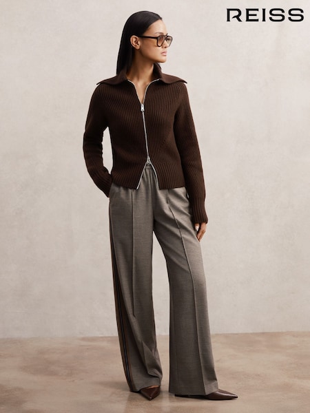 Reiss Chocolate Brown Ruby Wool Zip-Through Rib-Knit Cardigan (H60466) | £168