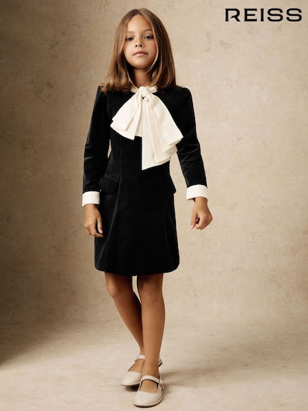 Reiss Black Melrose 9-13 yrs Velvet Tie-Neck Dress (H60468) | £96
