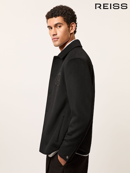 Reiss Black Champ Monogram Embroidery Wool-Blend Overshirt (H60499) | £198