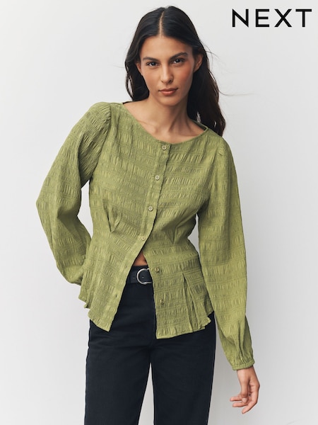Green Long Sleeve Boatneck Textured Button-Front Blouse (H60516) | £29